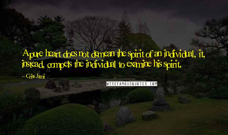 Criss Jami Quotes: A pure heart does not demean the spirit of an individual, it, instead, compels the individual to examine his spirit.