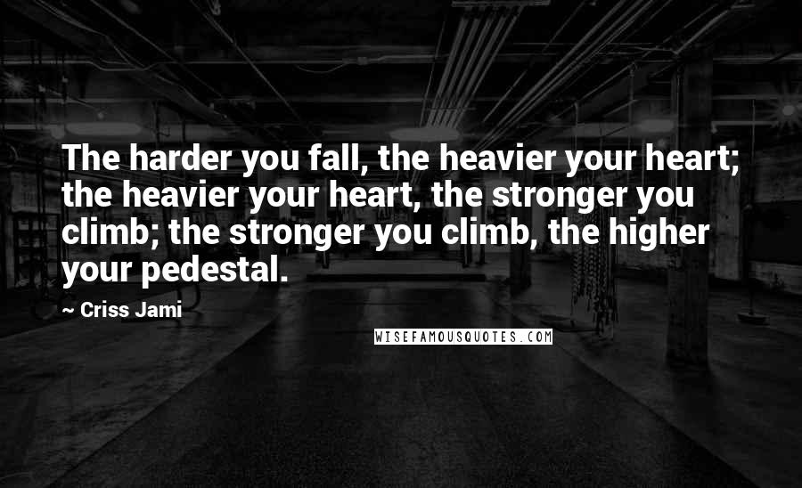 Criss Jami Quotes: The harder you fall, the heavier your heart; the heavier your heart, the stronger you climb; the stronger you climb, the higher your pedestal.