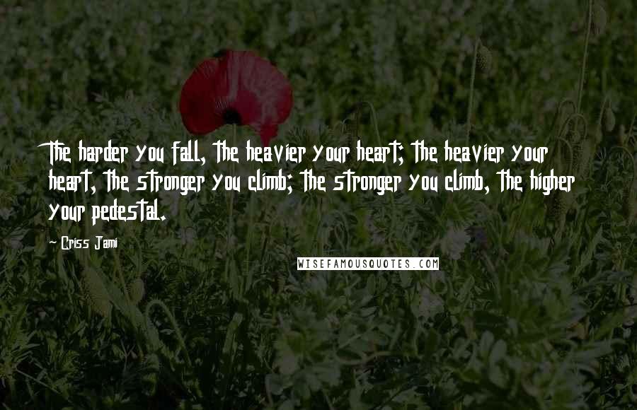 Criss Jami Quotes: The harder you fall, the heavier your heart; the heavier your heart, the stronger you climb; the stronger you climb, the higher your pedestal.