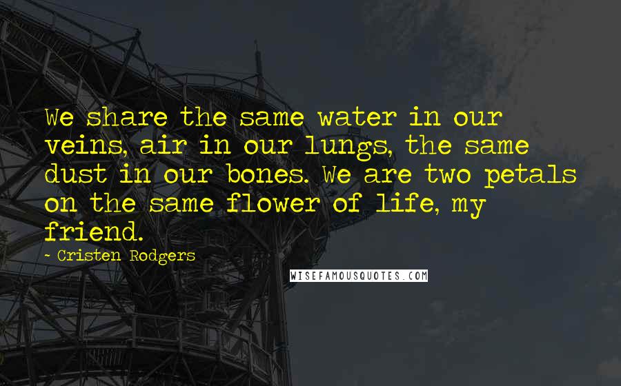 Cristen Rodgers Quotes: We share the same water in our veins, air in our lungs, the same dust in our bones. We are two petals on the same flower of life, my friend.