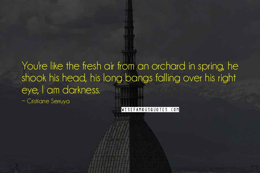 Cristiane Serruya Quotes: You're like the fresh air from an orchard in spring, he shook his head, his long bangs falling over his right eye, I am darkness.