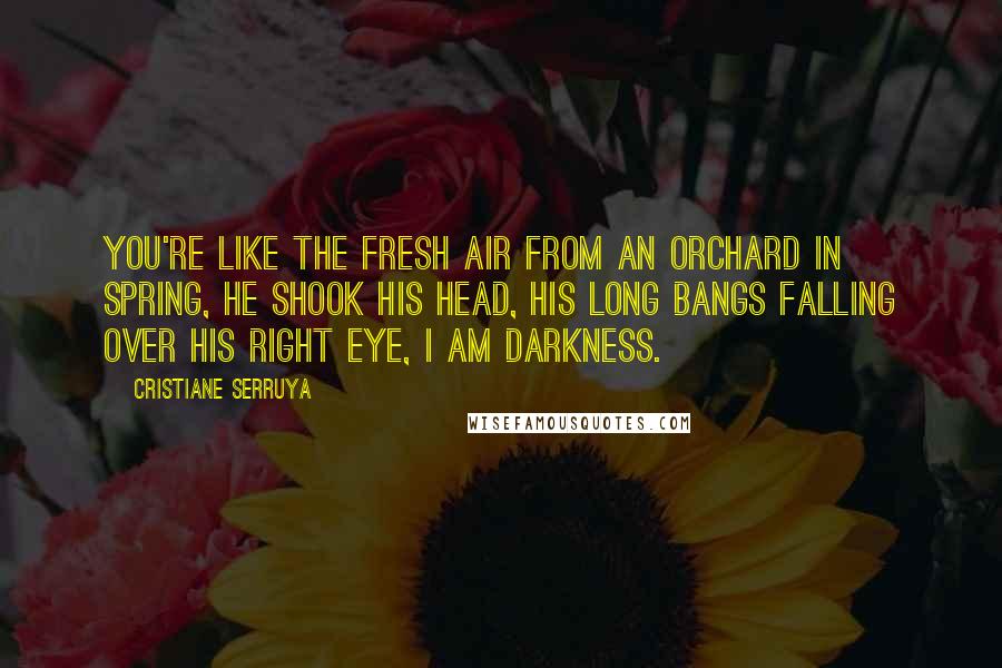 Cristiane Serruya Quotes: You're like the fresh air from an orchard in spring, he shook his head, his long bangs falling over his right eye, I am darkness.