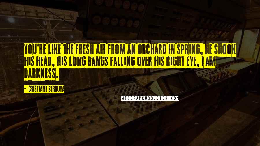 Cristiane Serruya Quotes: You're like the fresh air from an orchard in spring, he shook his head, his long bangs falling over his right eye, I am darkness.