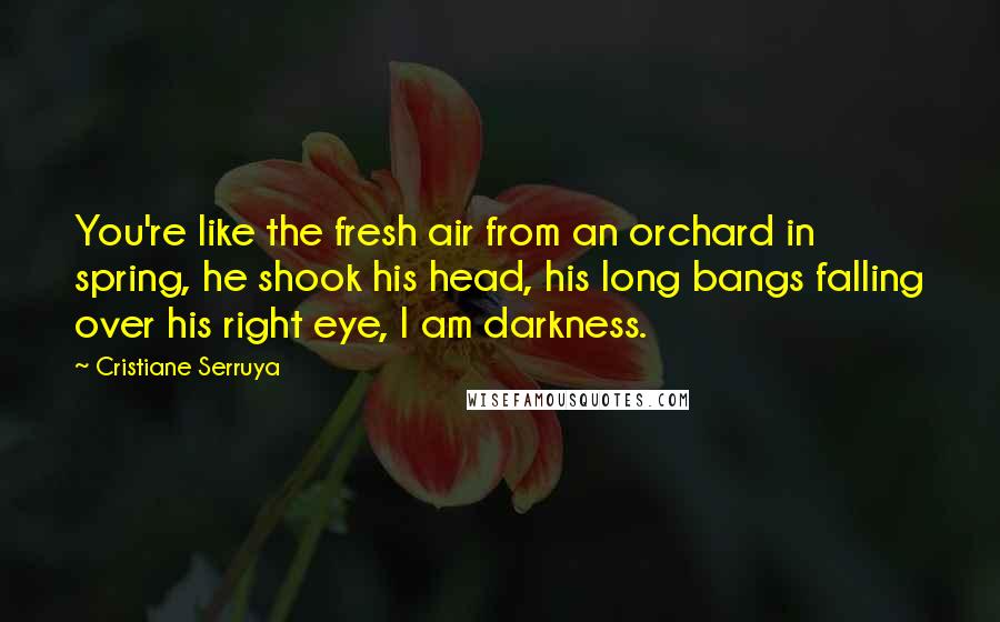 Cristiane Serruya Quotes: You're like the fresh air from an orchard in spring, he shook his head, his long bangs falling over his right eye, I am darkness.