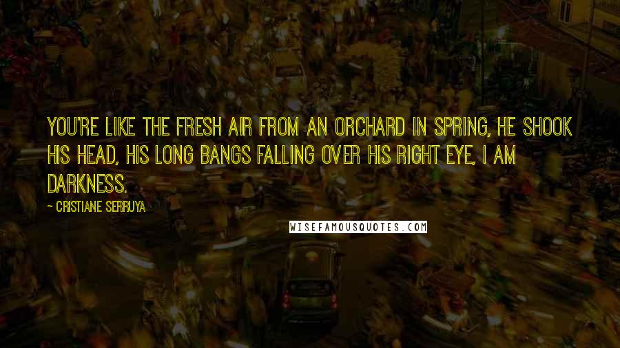 Cristiane Serruya Quotes: You're like the fresh air from an orchard in spring, he shook his head, his long bangs falling over his right eye, I am darkness.