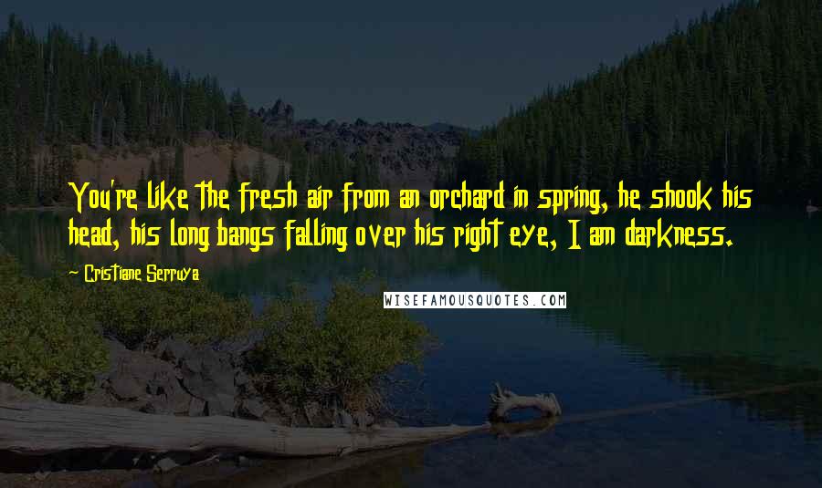 Cristiane Serruya Quotes: You're like the fresh air from an orchard in spring, he shook his head, his long bangs falling over his right eye, I am darkness.