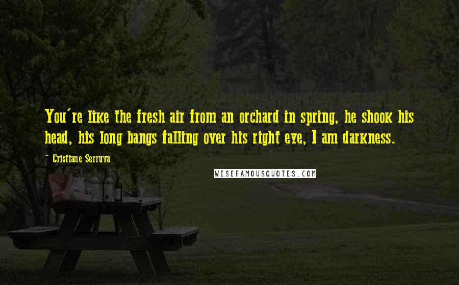 Cristiane Serruya Quotes: You're like the fresh air from an orchard in spring, he shook his head, his long bangs falling over his right eye, I am darkness.