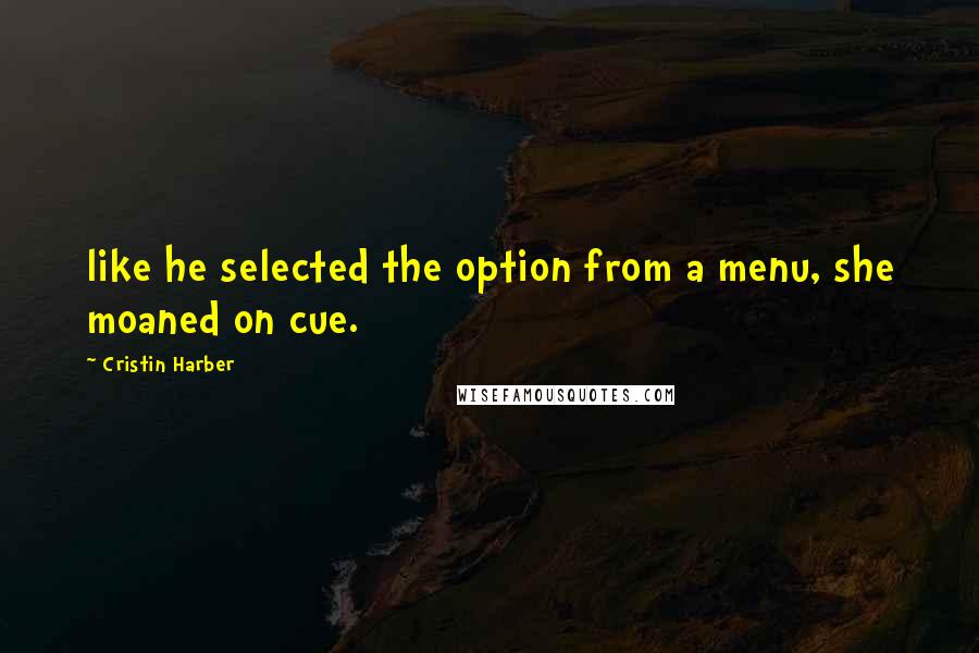 Cristin Harber Quotes: like he selected the option from a menu, she moaned on cue.