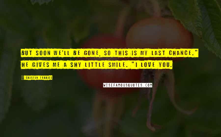 Cristin Terrill Quotes: But soon we'll be gone, so this is my last chance." He gives me a shy little smile. "I love you.