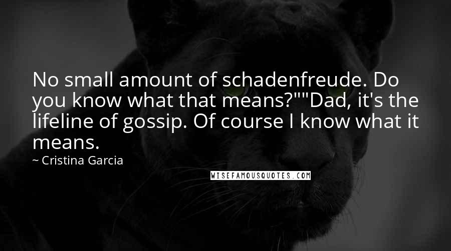 Cristina Garcia Quotes: No small amount of schadenfreude. Do you know what that means?""Dad, it's the lifeline of gossip. Of course I know what it means.