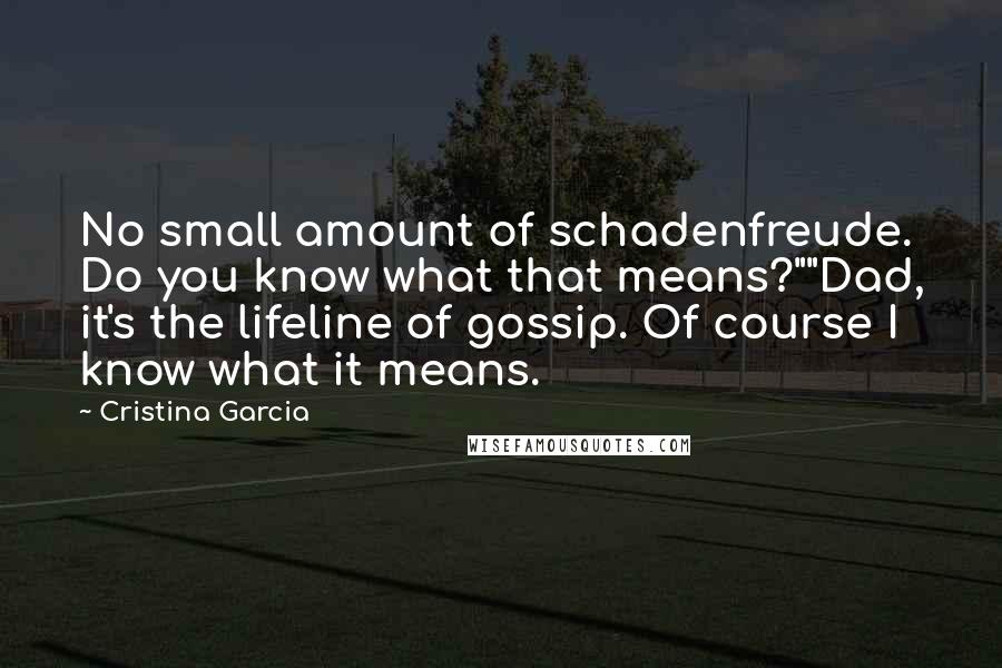 Cristina Garcia Quotes: No small amount of schadenfreude. Do you know what that means?""Dad, it's the lifeline of gossip. Of course I know what it means.