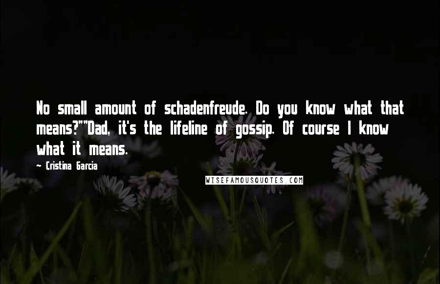 Cristina Garcia Quotes: No small amount of schadenfreude. Do you know what that means?""Dad, it's the lifeline of gossip. Of course I know what it means.