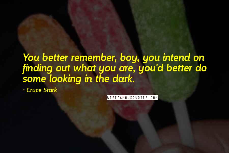 Cruce Stark Quotes: You better remember, boy, you intend on finding out what you are, you'd better do some looking in the dark.