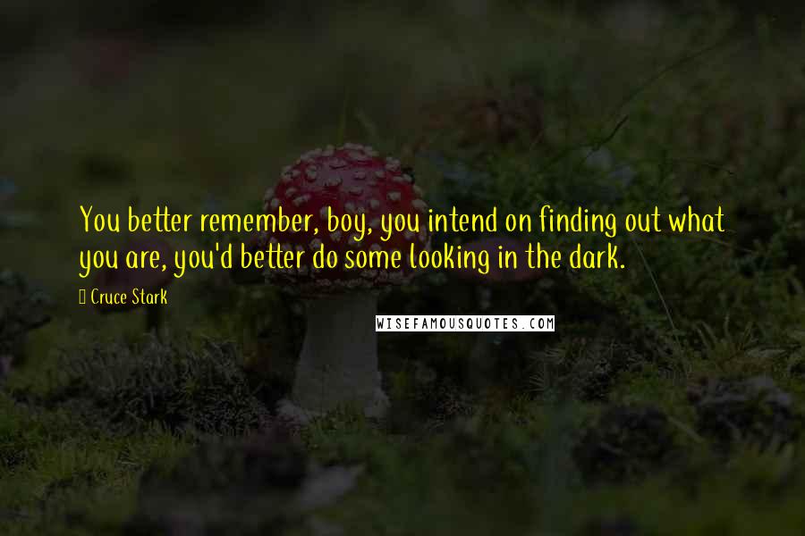 Cruce Stark Quotes: You better remember, boy, you intend on finding out what you are, you'd better do some looking in the dark.