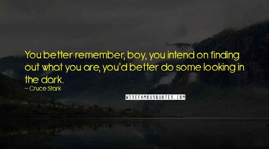 Cruce Stark Quotes: You better remember, boy, you intend on finding out what you are, you'd better do some looking in the dark.