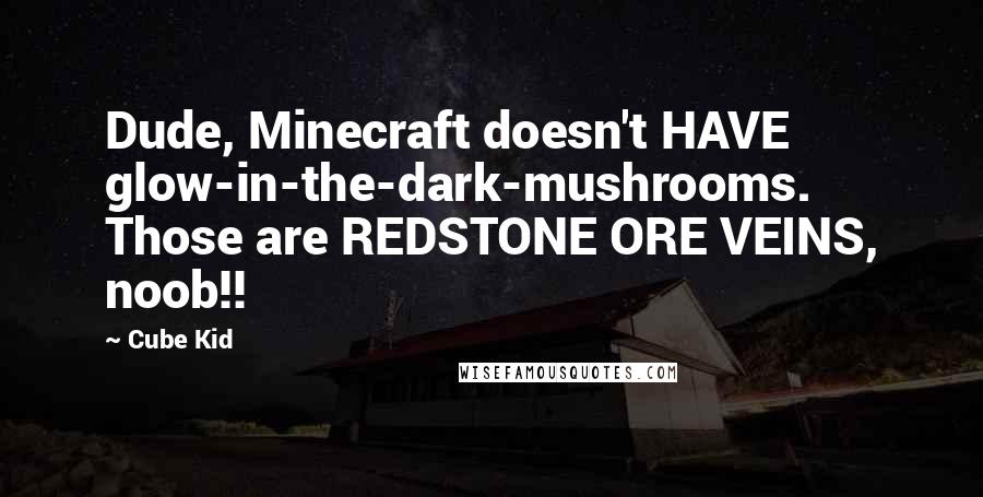 Cube Kid Quotes: Dude, Minecraft doesn't HAVE glow-in-the-dark-mushrooms. Those are REDSTONE ORE VEINS, noob!!