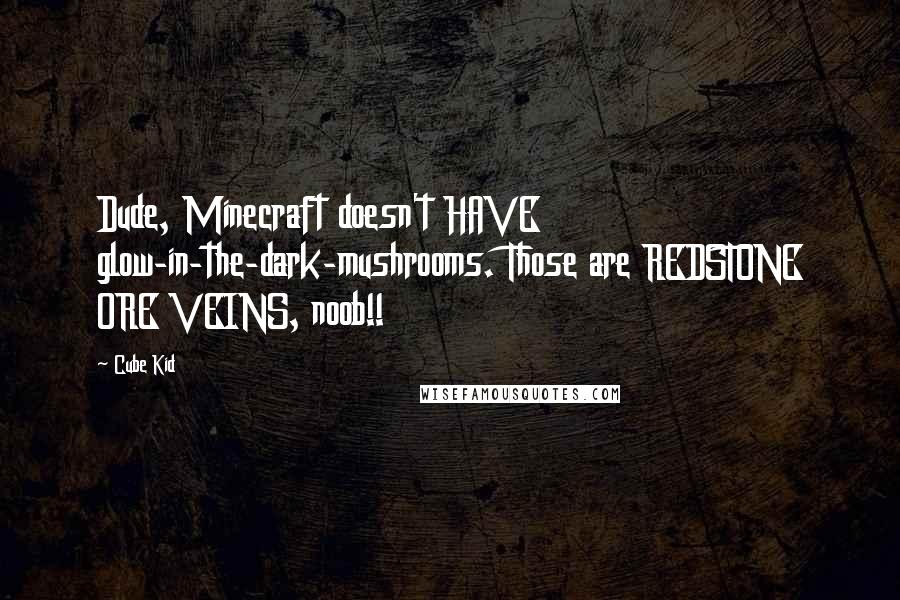 Cube Kid Quotes: Dude, Minecraft doesn't HAVE glow-in-the-dark-mushrooms. Those are REDSTONE ORE VEINS, noob!!