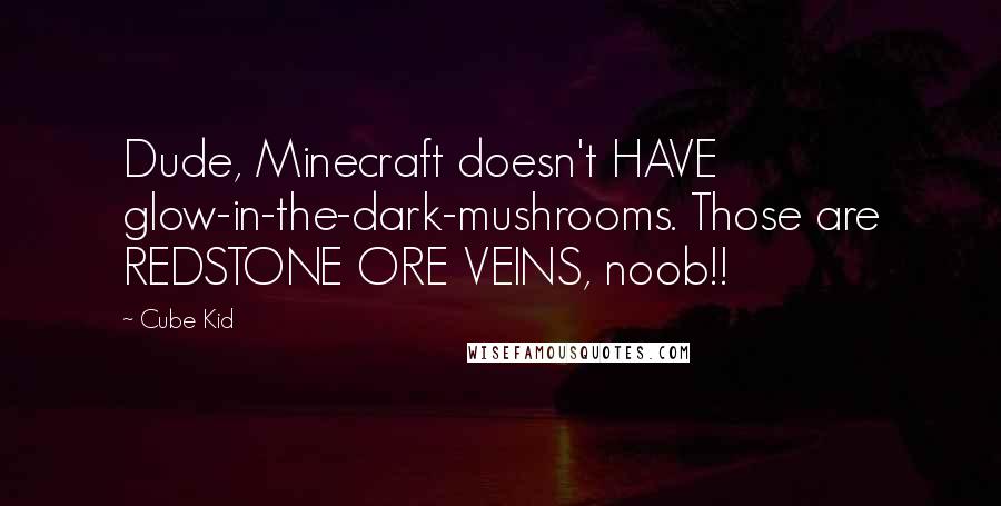 Cube Kid Quotes: Dude, Minecraft doesn't HAVE glow-in-the-dark-mushrooms. Those are REDSTONE ORE VEINS, noob!!