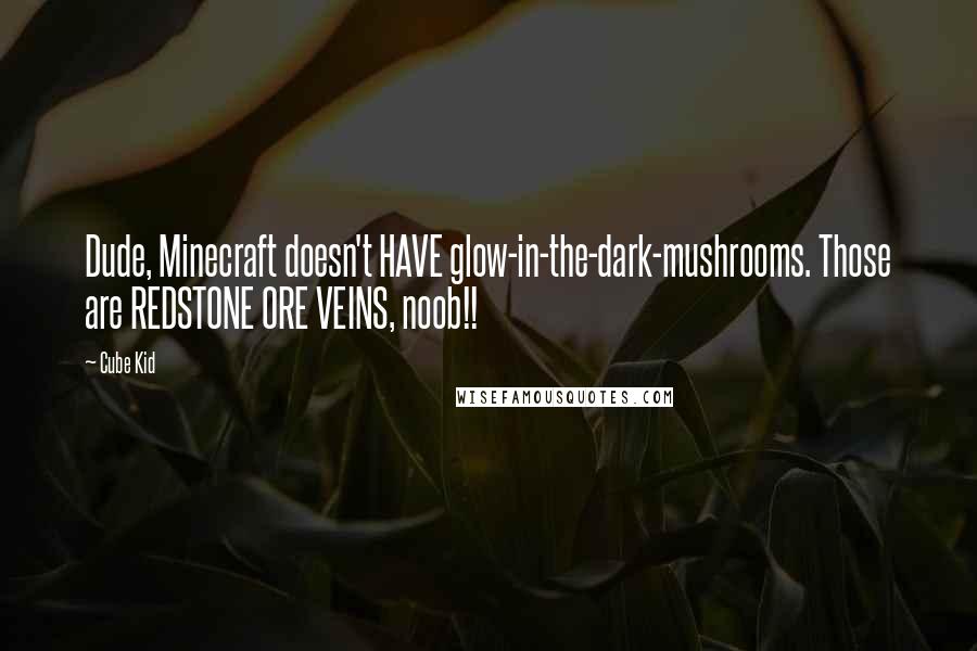 Cube Kid Quotes: Dude, Minecraft doesn't HAVE glow-in-the-dark-mushrooms. Those are REDSTONE ORE VEINS, noob!!