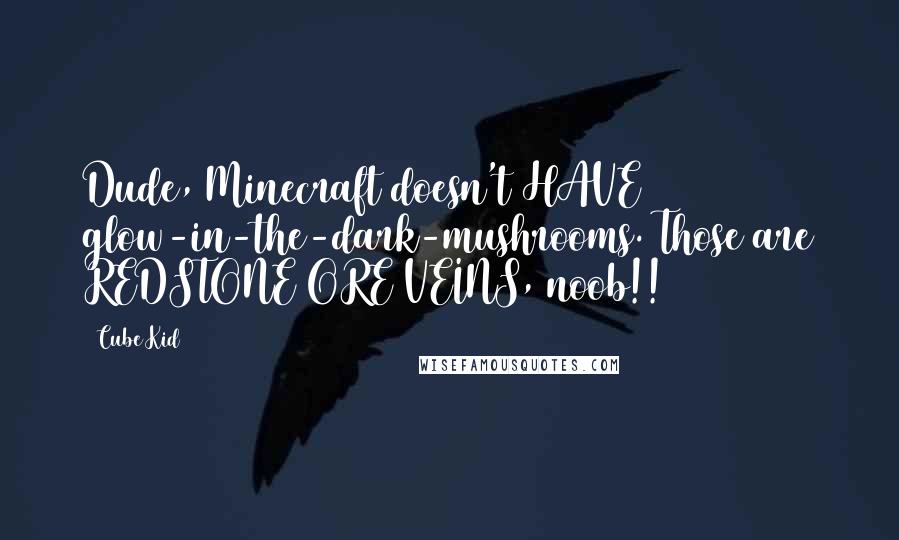 Cube Kid Quotes: Dude, Minecraft doesn't HAVE glow-in-the-dark-mushrooms. Those are REDSTONE ORE VEINS, noob!!