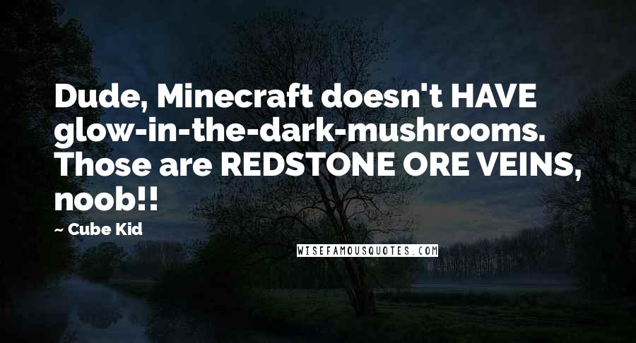 Cube Kid Quotes: Dude, Minecraft doesn't HAVE glow-in-the-dark-mushrooms. Those are REDSTONE ORE VEINS, noob!!