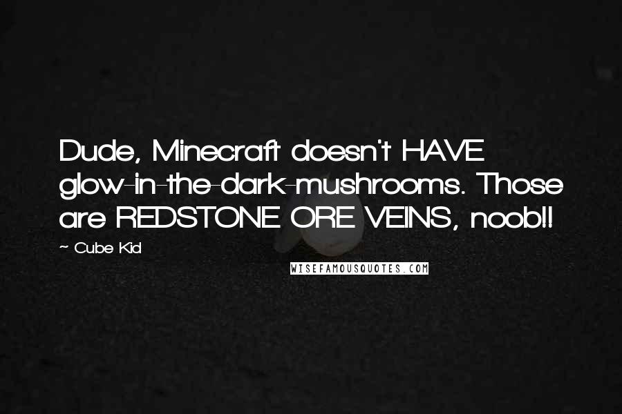 Cube Kid Quotes: Dude, Minecraft doesn't HAVE glow-in-the-dark-mushrooms. Those are REDSTONE ORE VEINS, noob!!