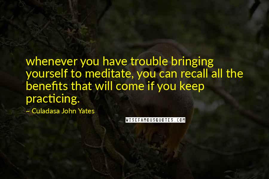 Culadasa John Yates Quotes: whenever you have trouble bringing yourself to meditate, you can recall all the benefits that will come if you keep practicing.