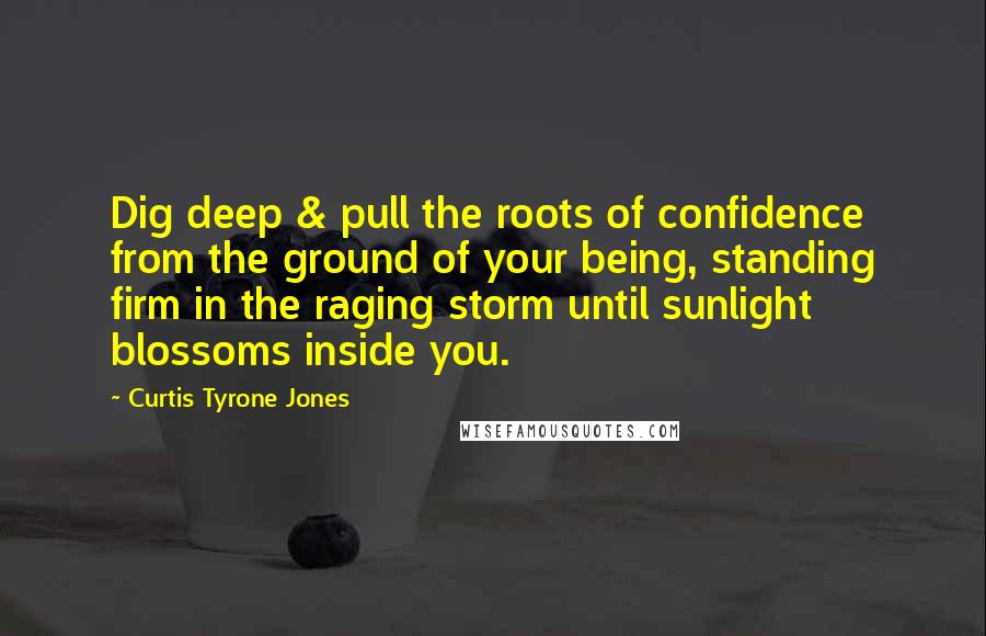 Curtis Tyrone Jones Quotes: Dig deep & pull the roots of confidence from the ground of your being, standing firm in the raging storm until sunlight blossoms inside you.