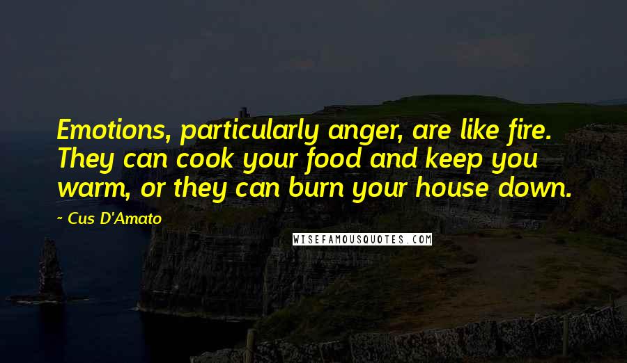 Cus D'Amato Quotes: Emotions, particularly anger, are like fire. They can cook your food and keep you warm, or they can burn your house down.