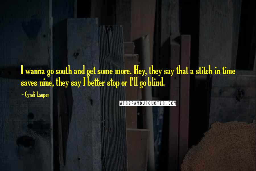 Cyndi Lauper Quotes: I wanna go south and get some more. Hey, they say that a stitch in time saves nine, they say I better stop or I'll go blind.