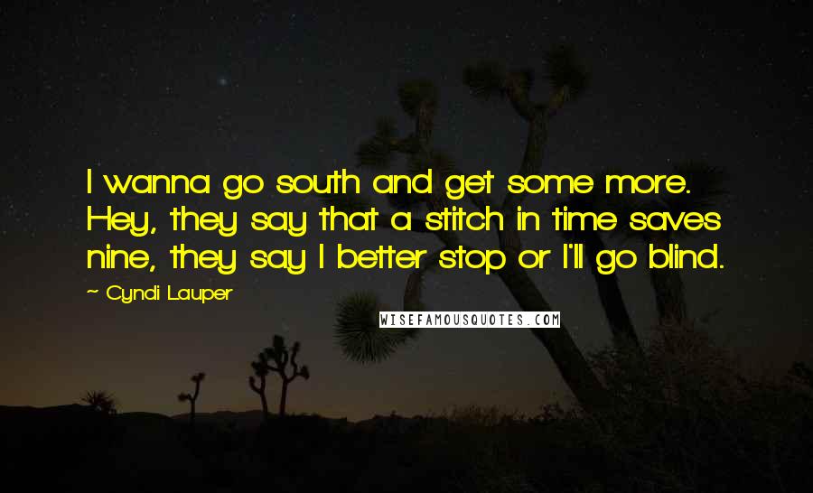 Cyndi Lauper Quotes: I wanna go south and get some more. Hey, they say that a stitch in time saves nine, they say I better stop or I'll go blind.