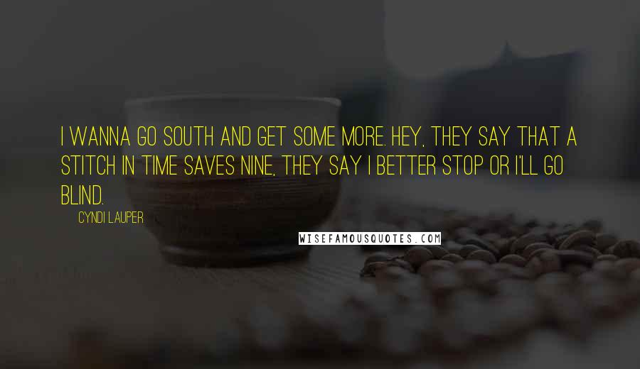 Cyndi Lauper Quotes: I wanna go south and get some more. Hey, they say that a stitch in time saves nine, they say I better stop or I'll go blind.