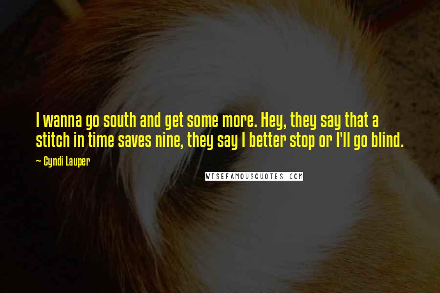 Cyndi Lauper Quotes: I wanna go south and get some more. Hey, they say that a stitch in time saves nine, they say I better stop or I'll go blind.