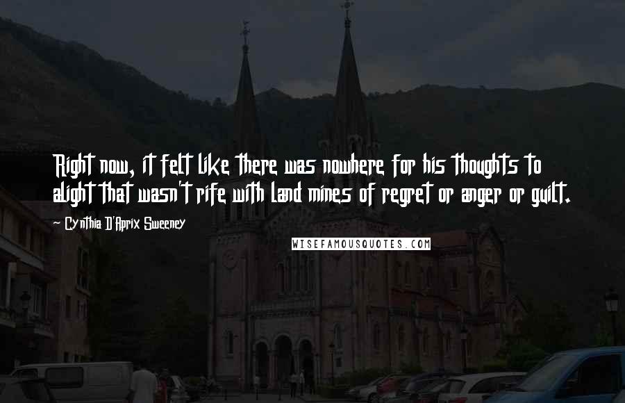 Cynthia D'Aprix Sweeney Quotes: Right now, it felt like there was nowhere for his thoughts to alight that wasn't rife with land mines of regret or anger or guilt.