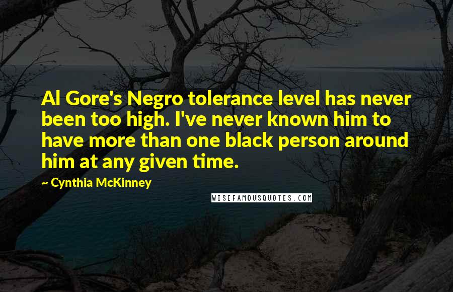 Cynthia McKinney Quotes: Al Gore's Negro tolerance level has never been too high. I've never known him to have more than one black person around him at any given time.