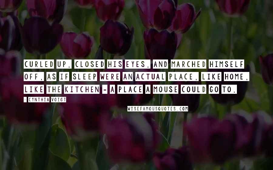 Cynthia Voigt Quotes: Curled up, closed his eyes, and marched himself off, as if sleep were an actual place, like home, like the kitchen - a place a mouse could go to.