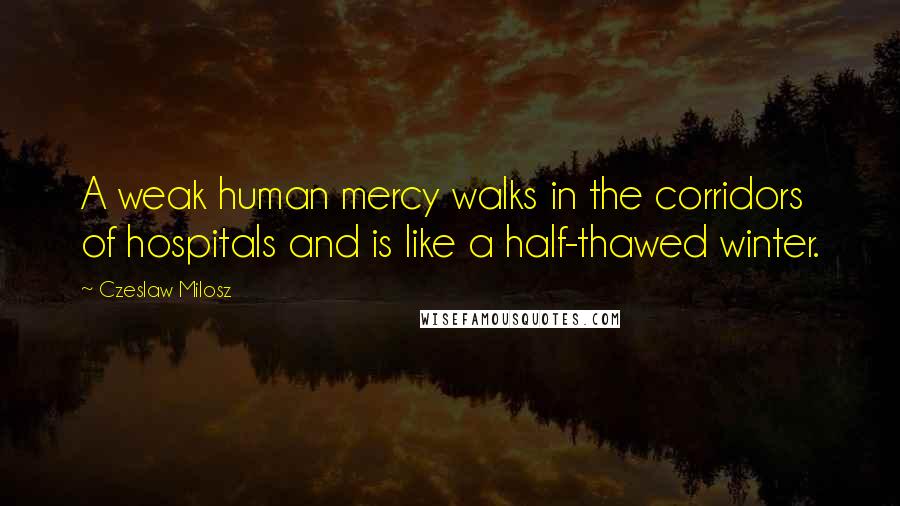 Czeslaw Milosz Quotes: A weak human mercy walks in the corridors of hospitals and is like a half-thawed winter.