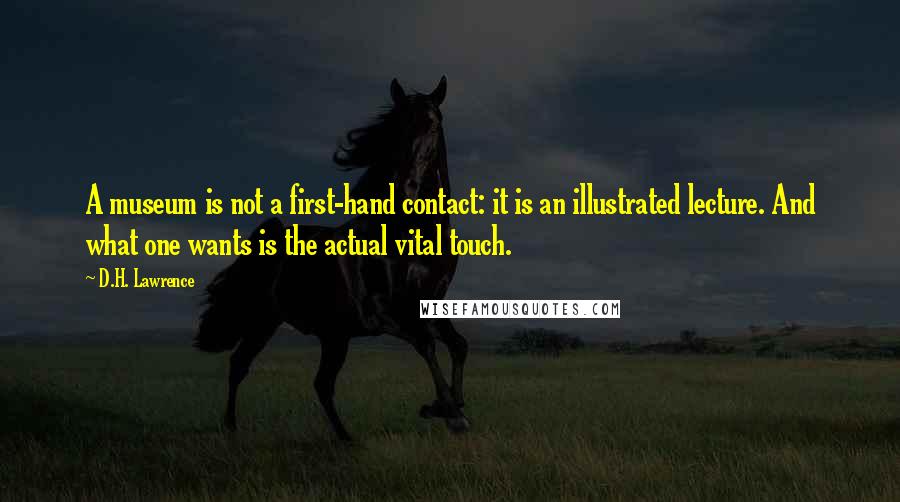 D.H. Lawrence Quotes: A museum is not a first-hand contact: it is an illustrated lecture. And what one wants is the actual vital touch.