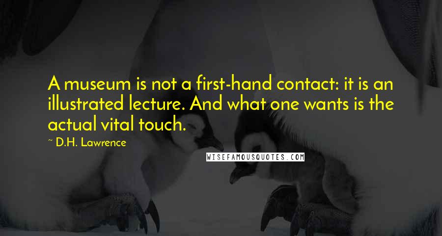 D.H. Lawrence Quotes: A museum is not a first-hand contact: it is an illustrated lecture. And what one wants is the actual vital touch.