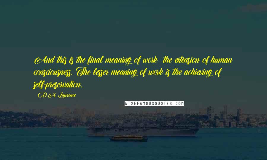 D.H. Lawrence Quotes: And this is the final meaning of work: the extension of human consciousness. The lesser meaning of work is the achieving of self-preservation.