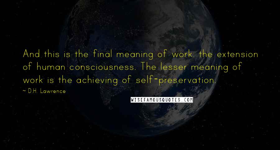 D.H. Lawrence Quotes: And this is the final meaning of work: the extension of human consciousness. The lesser meaning of work is the achieving of self-preservation.