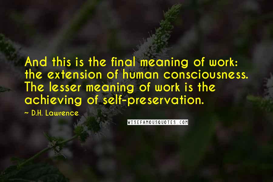 D.H. Lawrence Quotes: And this is the final meaning of work: the extension of human consciousness. The lesser meaning of work is the achieving of self-preservation.