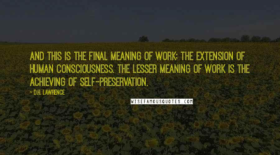 D.H. Lawrence Quotes: And this is the final meaning of work: the extension of human consciousness. The lesser meaning of work is the achieving of self-preservation.