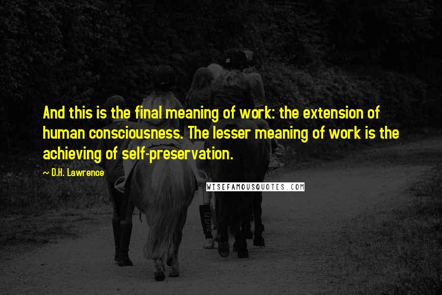 D.H. Lawrence Quotes: And this is the final meaning of work: the extension of human consciousness. The lesser meaning of work is the achieving of self-preservation.