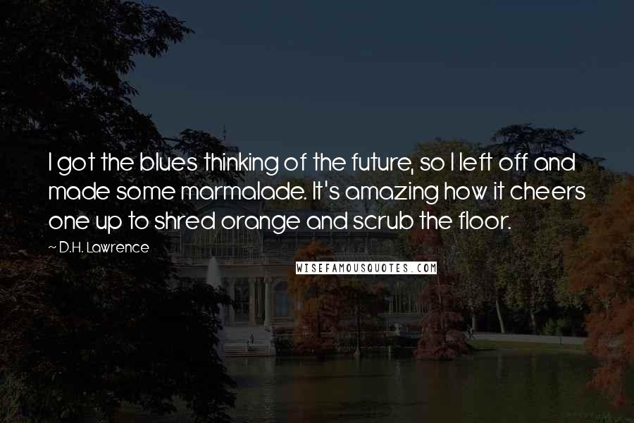 D.H. Lawrence Quotes: I got the blues thinking of the future, so I left off and made some marmalade. It's amazing how it cheers one up to shred orange and scrub the floor.