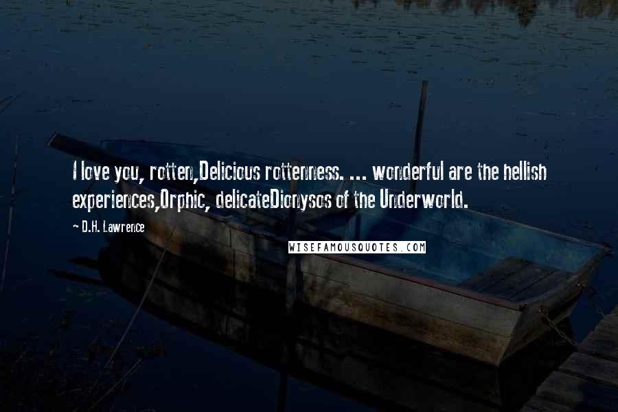 D.H. Lawrence Quotes: I love you, rotten,Delicious rottenness. ... wonderful are the hellish experiences,Orphic, delicateDionysos of the Underworld.