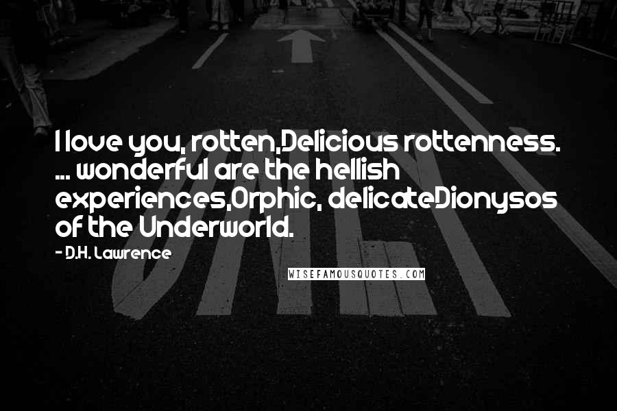 D.H. Lawrence Quotes: I love you, rotten,Delicious rottenness. ... wonderful are the hellish experiences,Orphic, delicateDionysos of the Underworld.