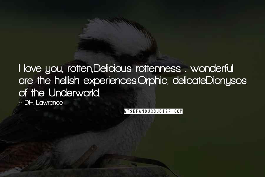 D.H. Lawrence Quotes: I love you, rotten,Delicious rottenness. ... wonderful are the hellish experiences,Orphic, delicateDionysos of the Underworld.