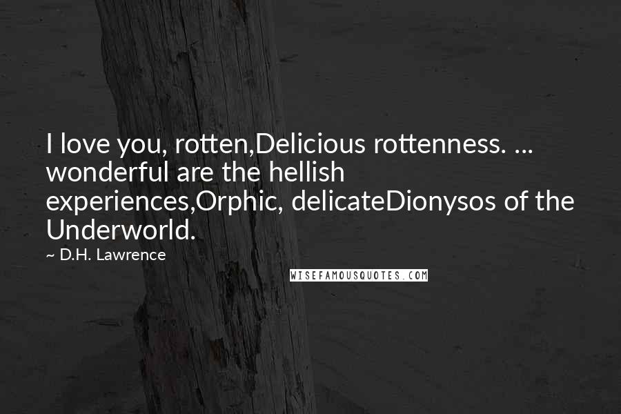 D.H. Lawrence Quotes: I love you, rotten,Delicious rottenness. ... wonderful are the hellish experiences,Orphic, delicateDionysos of the Underworld.
