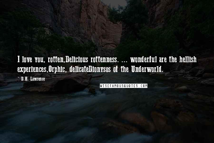 D.H. Lawrence Quotes: I love you, rotten,Delicious rottenness. ... wonderful are the hellish experiences,Orphic, delicateDionysos of the Underworld.